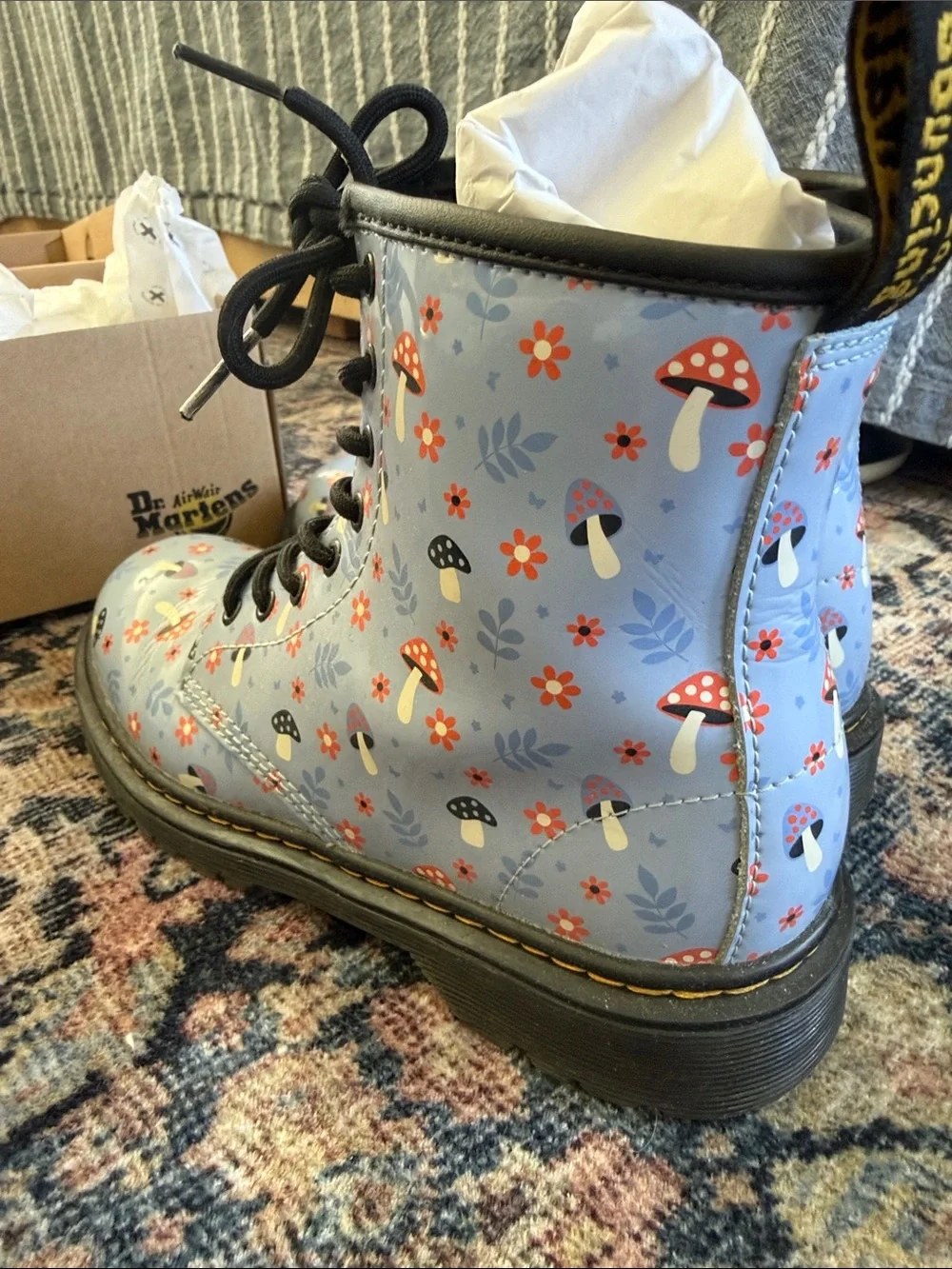 Dr. Martens Kids Light Blue Floral & Mushroom Combat Boots